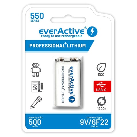 9V Li-Ion 500 mAh EverActive+ Rechargeable Battery USB Type C