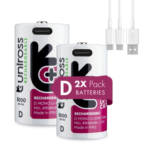 2 Rechargeable D Li-Ion Batteries Uniross 1.5V 5000 mAh + USB Type C