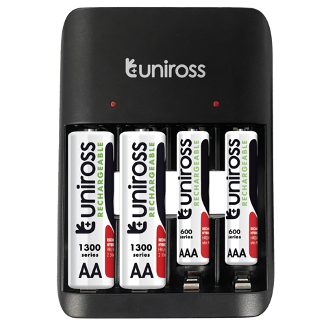 Зарядно за 4 акумулаторни батерии Uniross Value с 2 AA 1300 mAh и 2 AAA 600 mAh