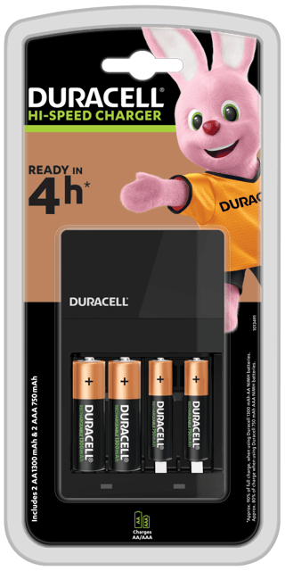 Зарядно за акумулаторни батерии DURACELL Hi-Speed с 2 x AA 1300 mAh и 2 x AAA 750 mAh ready in 4h