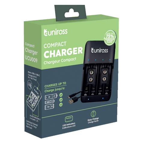 Зарядно за 4 акумулаторни батерии АА / ААА или 2 батерии 9V - Uniross Compact