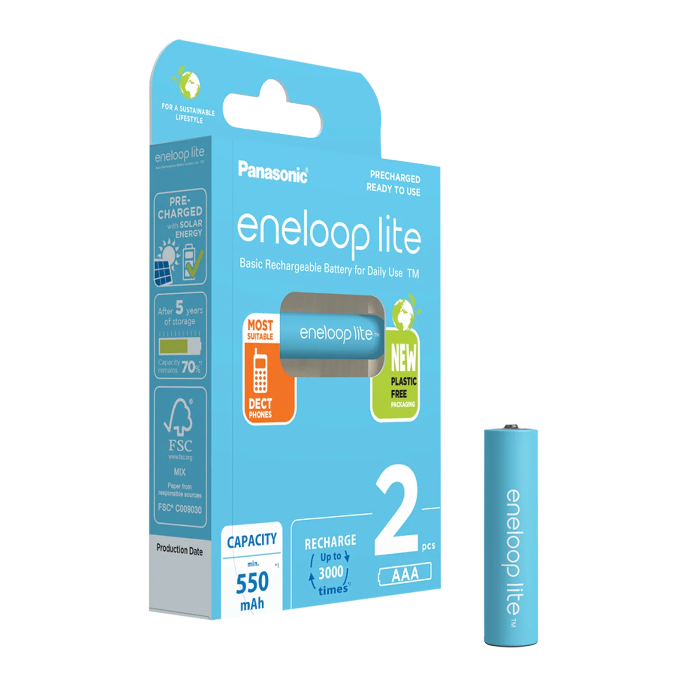 2 Panasonic Eneloop Lite AAA Rechargeable Batteries 550 mAh - 1.2V