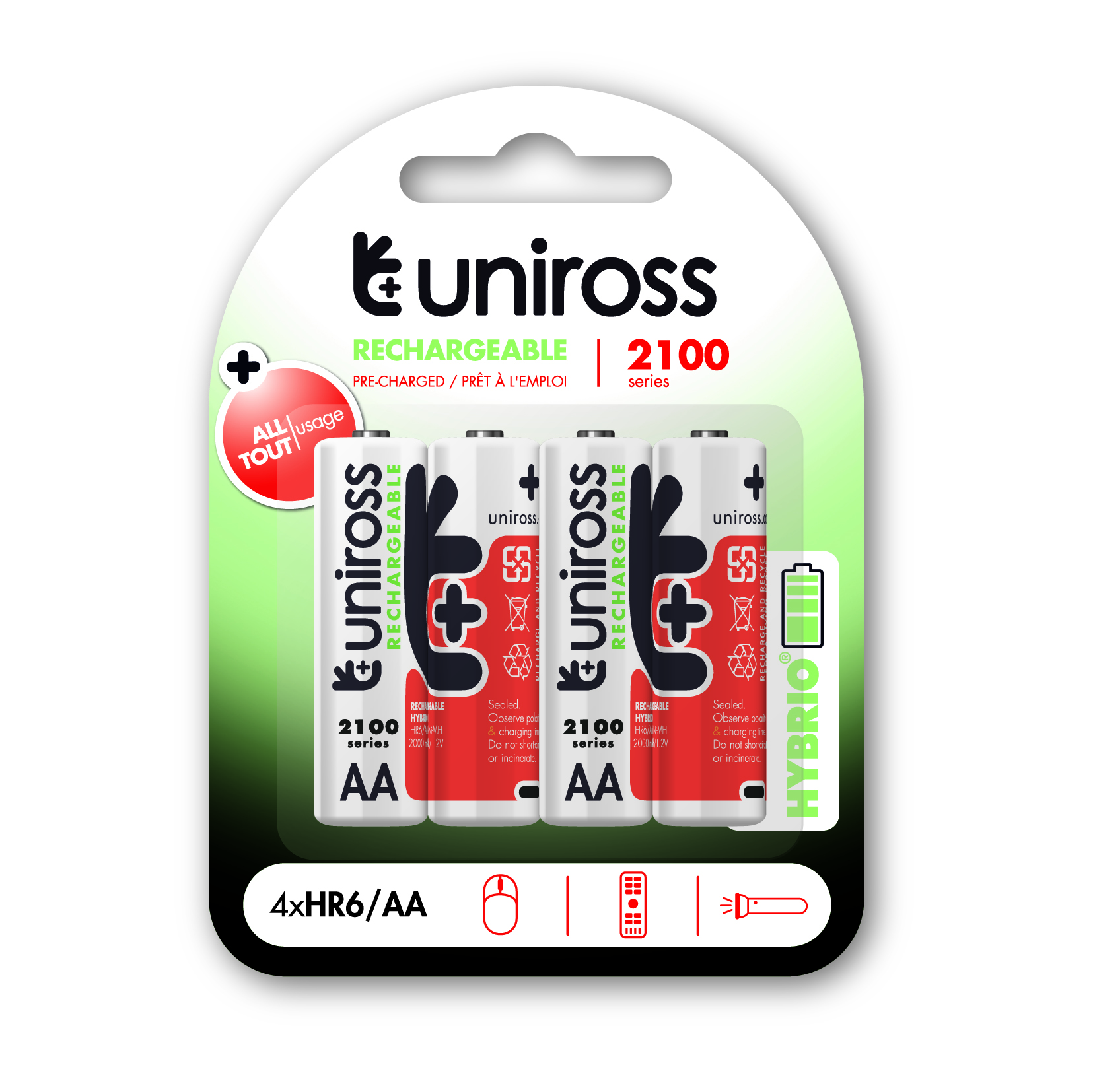 4 Rechargeable Batteries AA Uniross Hybrio AA / HR6 NIMH - 2100 mAh 1.2V