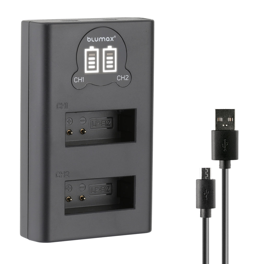 Charger for 2 Canon LP-E12 batteries with LCD display