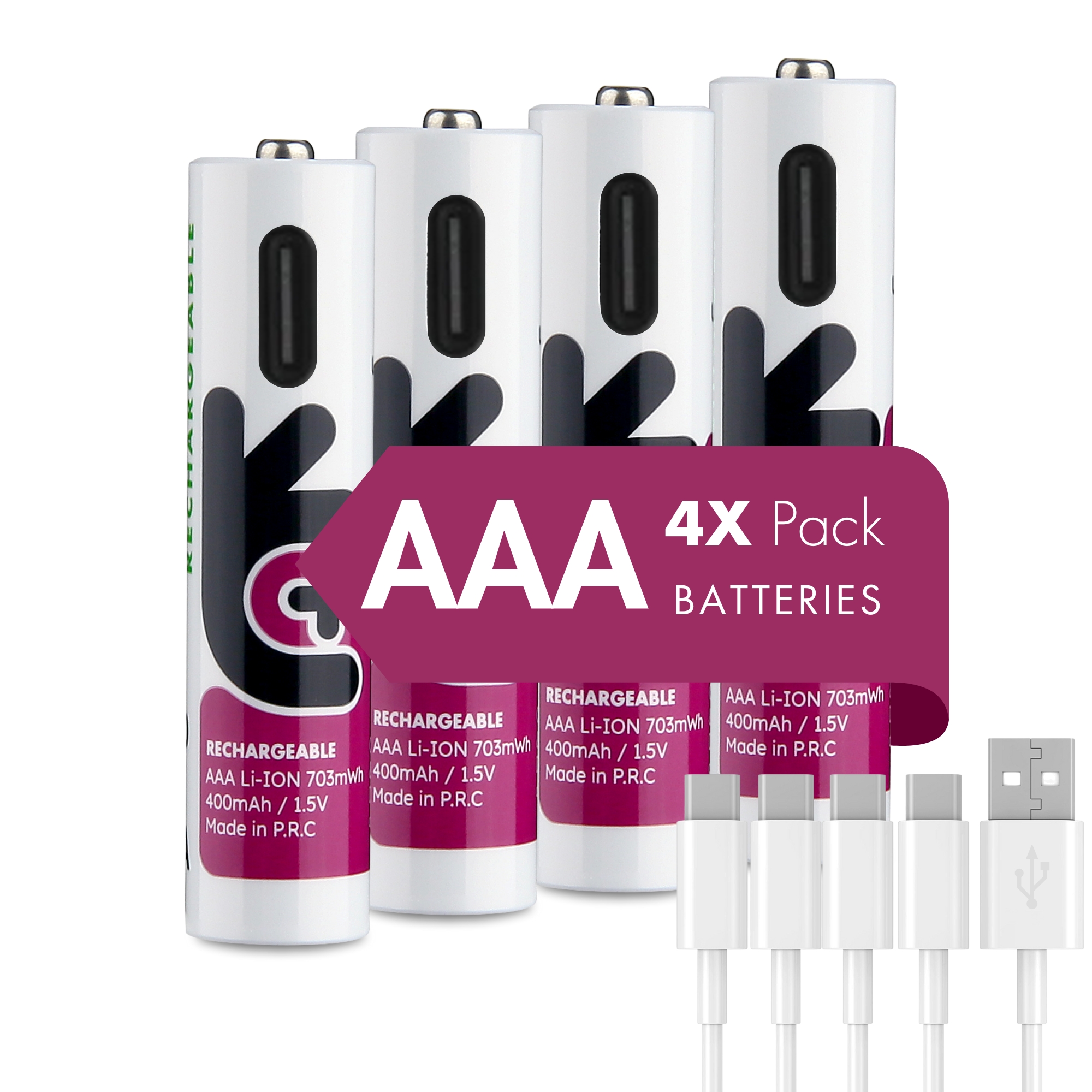 4 AAA Rechargeable Batteries Uniross Li-Ion 1.5V 500 mAh + USB - Type C