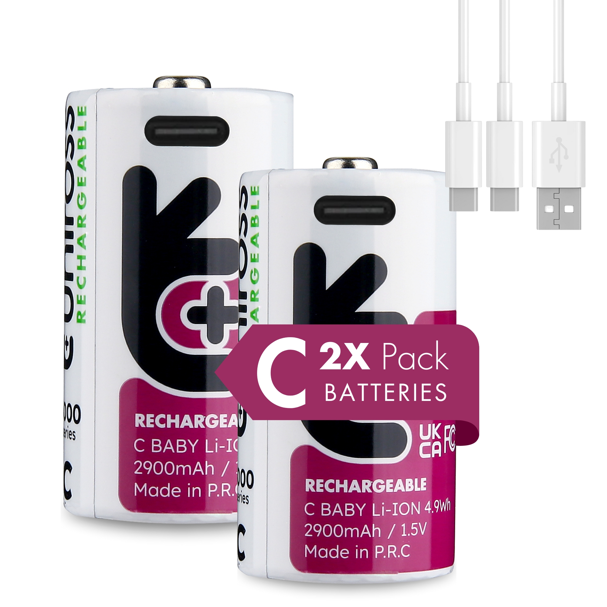 2 Rechargeable C Li-Ion Batteries Uniross 1.5V 3000 mAh with USB Type C
