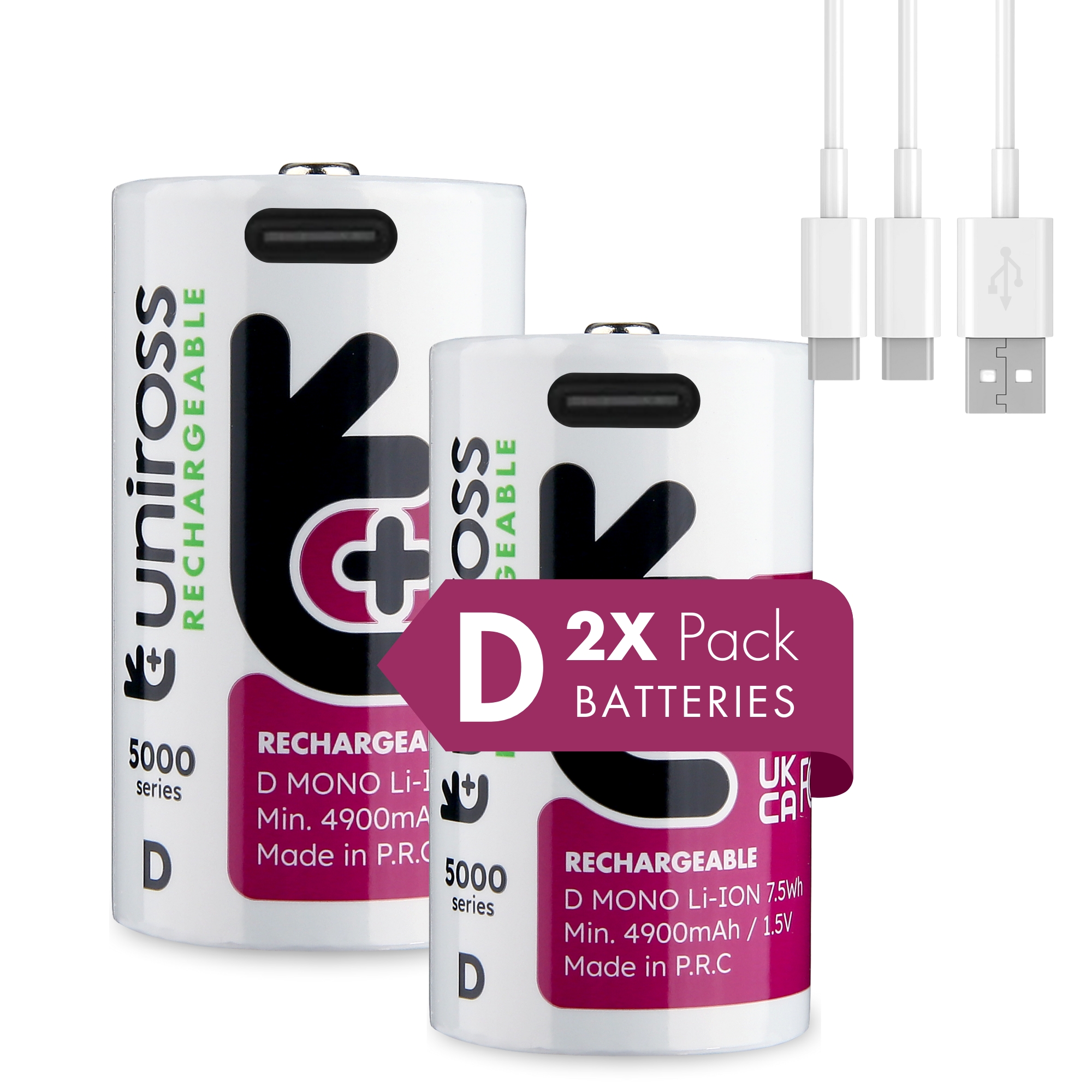 2 Rechargeable D Li-Ion Batteries Uniross 1.5V 5000 mAh + USB Type C