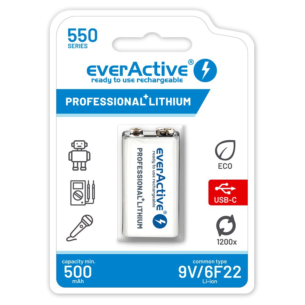 9V Li-Ion 500 mAh EverActive+ Rechargeable Battery USB Type C