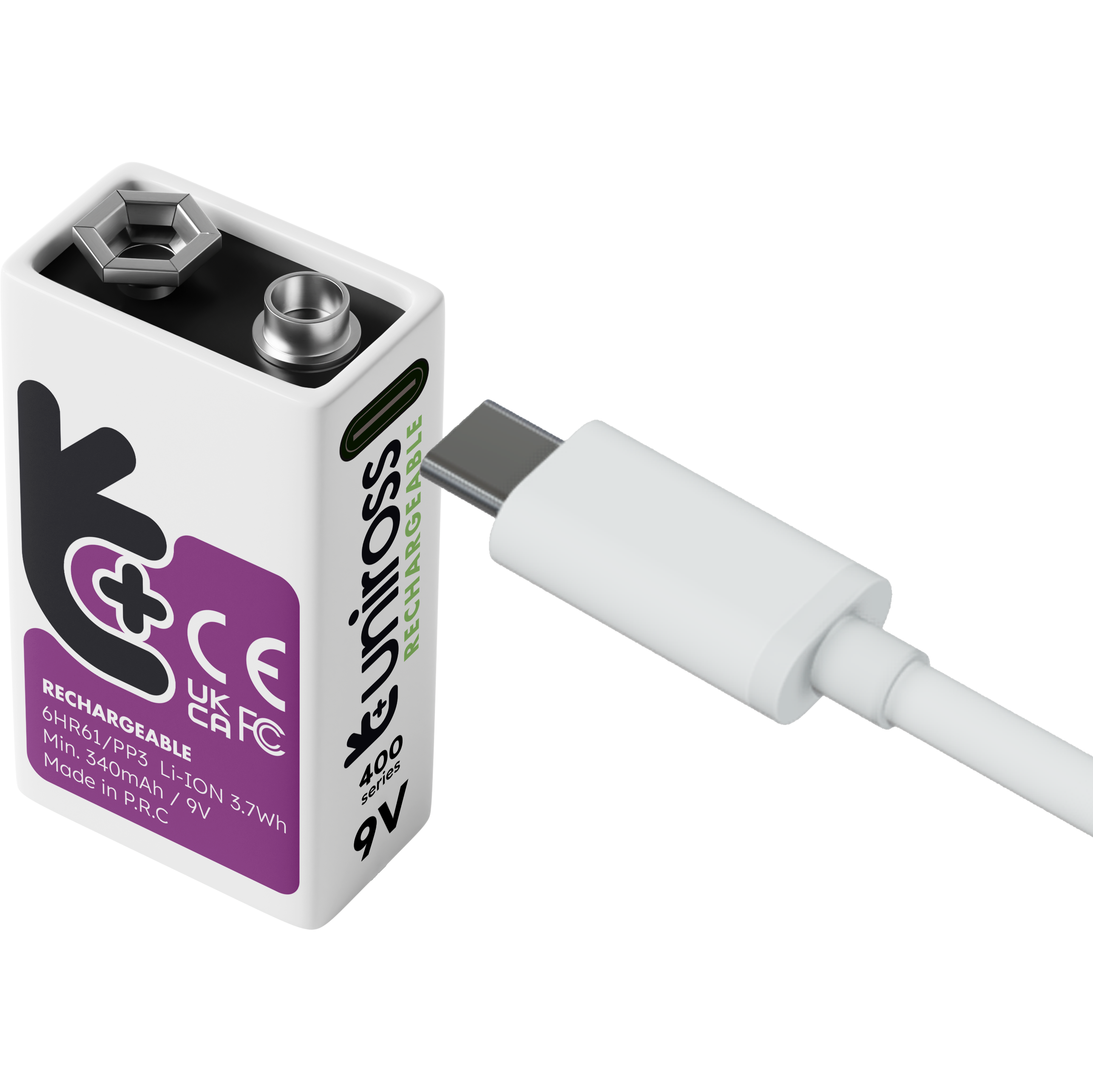 Rechargeable Battery 9V Li-Ion Uniross 9V 400 mAh + USB Type C
