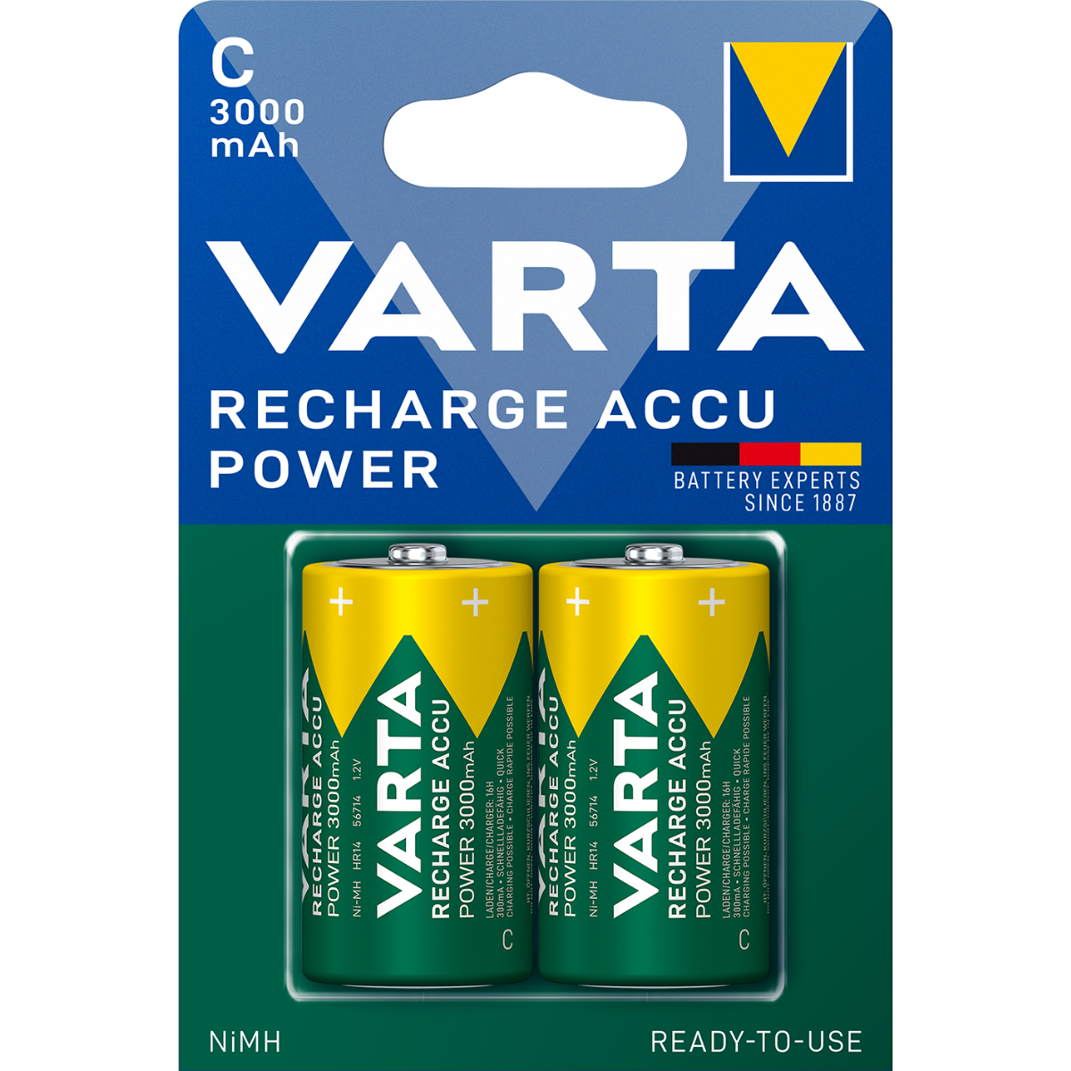 2 Rechargeable Batteries HR14 Varta Size C 3000 mAh - 1.2V