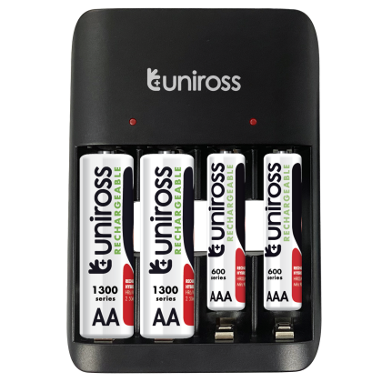 Зарядно за 4 акумулаторни батерии Uniross Value с 2 AA 1300 mAh и 2 AAA 600 mAh
