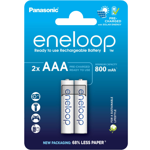 2 Panasonic Eneloop AAA Rechargeable Batteries 800 mAh - 1.2V