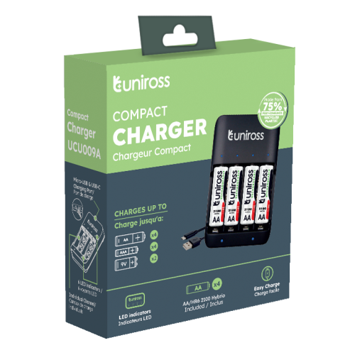 Charger for 4 rechargeable batteries + 4 AA 2100 mAh Uniross