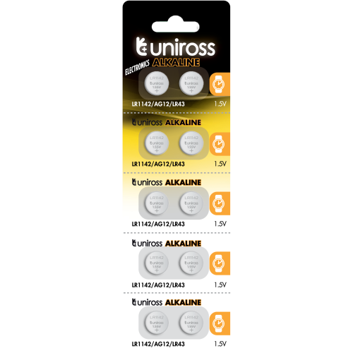 10 Alkaline Batteries AG12 LR43 - 386 - 186 - 1.55V Uniross