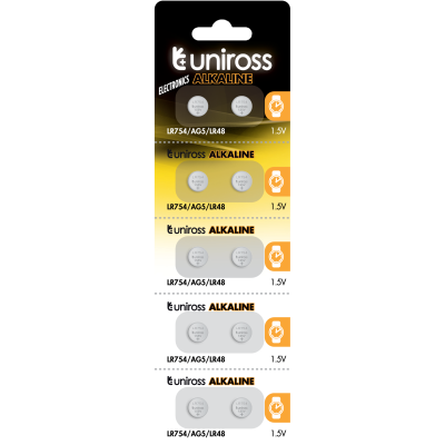 10 Alkaline Batteries AG5 LR754 Uniross LR754 AG5 - 1.55V