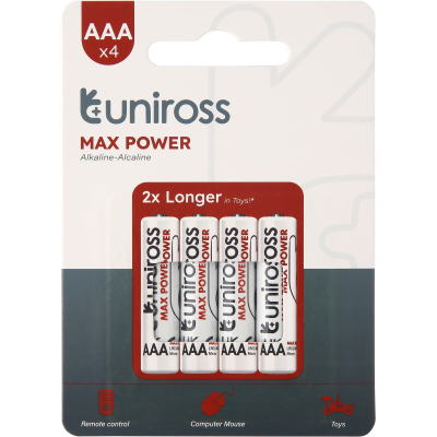 4 AAA Alkaline Batteries Uniross Max Power Alkaline -1.5V