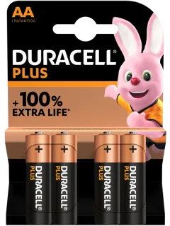 Алкални батерии АА Duracell Plus MN1500 AA - 4 броя - 100%